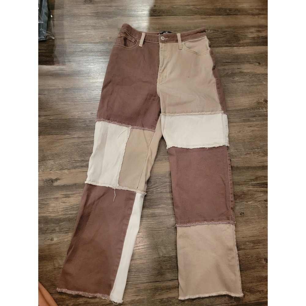Hollister Ultra High-Rise Dad Jean Patchwork Brown Tan Cream 5S W27 L29